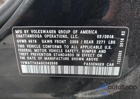 2016 Volkswagen Passat 1.8T S z USA, uszkodzony, nr VIN 1VWAT7A34GC043596